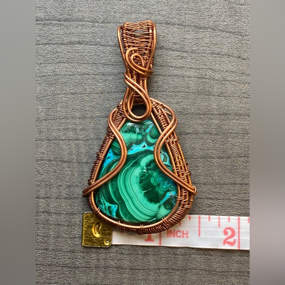 NWOT Genuine Malachite in Chrysocolla Gemstone, Copper Wire Wrap Pendant - Picture 11 of 16